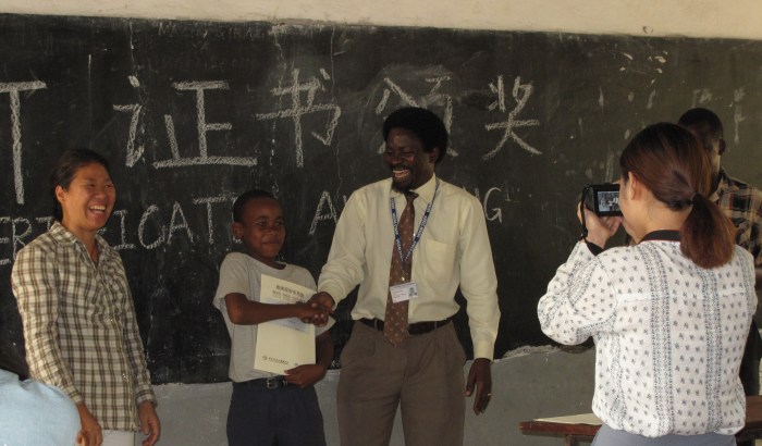 African students lining up to learn Chinese at Mlimani Primary School in Dar Es Salaam, Tanzania
